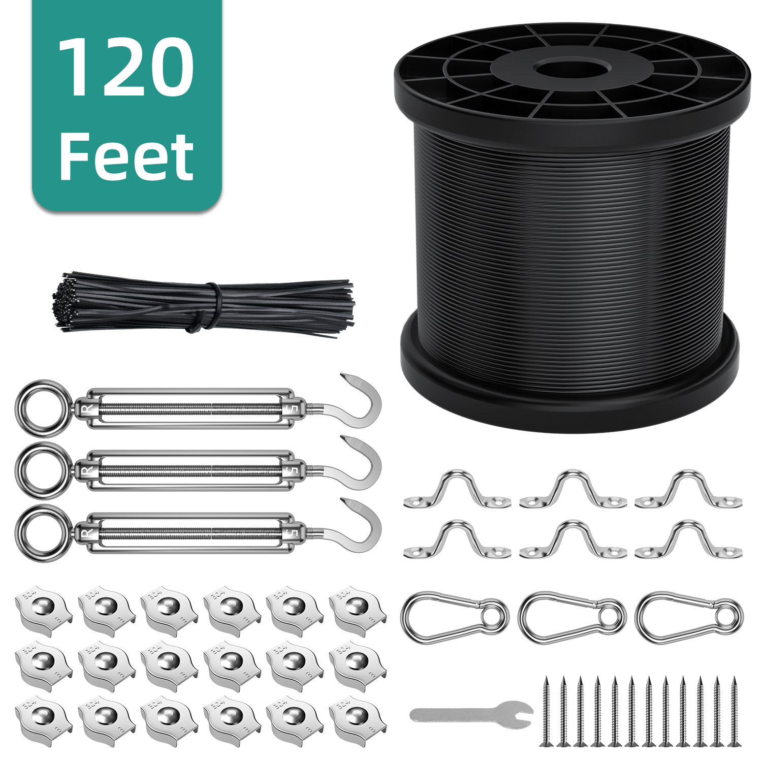 Fil-fresh String Light Hanging Kit, 304 Stainless Steel Cable for Outdoor Lights, 120ft Guide Wire Kit Include Turnbuckles, Hooks, Clamp, and Screws